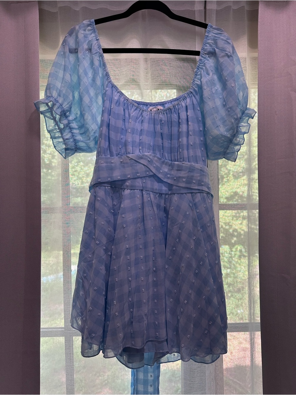 Arula Blue Gingham Puff-Sleeve Plus Size Romper